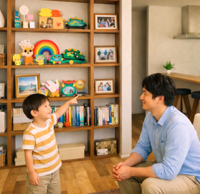 本棚の工作を指さす少年
