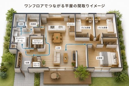 ワンフロアでつながる平屋の間取りイメージ