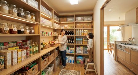 パントリー内部のイメージ。可動棚に食品、飲料、調味料、日用品などがカテゴリーごとに整理され、奥まで見渡しやすい収納。家族が物を取り出している様子。