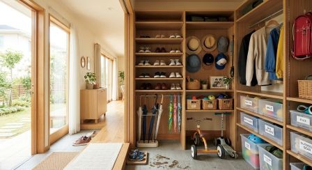 家族用玄関収納の中に、靴、傘、帽子、子どもの外遊び用品などが整理されている様子。棚の高さを変えられる収納で、家族が使いやすいイメージ。