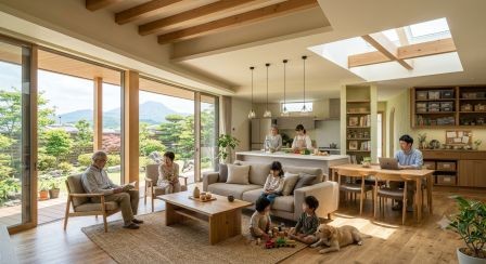 明るいLDKを中心に家族が自然に集まる平屋のイメージ。木目と白を基調にしたナチュラルな空間。