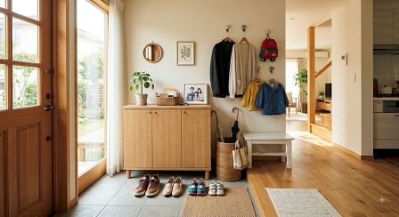 明るい平屋の玄関。家族4人分の靴や外出用品が整理され、玄関収納から室内へスムーズにつながる暮らしのイメージ。