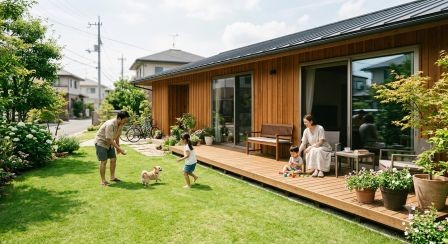 日本の穏やかな住宅街にある、温かみのある平屋住宅の外観。 広い緑の芝生が広がり、リビングから続く開放的なウッドデッキがあります。 休日の午後、庭では父親が小さな子供とボールで遊び、ウッドデッキのベンチでは母親と別の子供が絵本を読んでくつろいでいます。 家族みんなが楽しそうに過ごしている、幸せでリラックスした雰囲気。 晴れた日の自然光が降り注ぎ、周囲には豊かな緑と他の住宅が少し見えます。