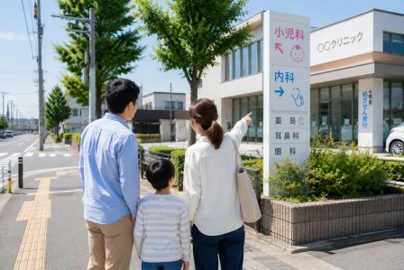 小児科や内科のある医療エリアを確認している家族