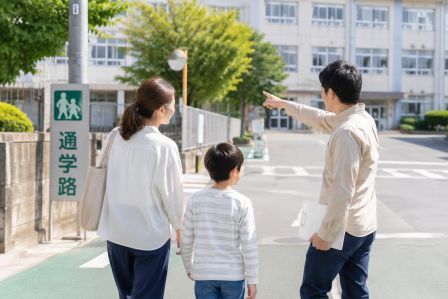 小学校周辺を歩きながら通学環境を確認している家族