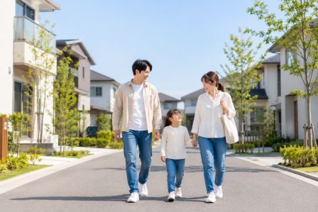 明るい日差しの中で歩く家族