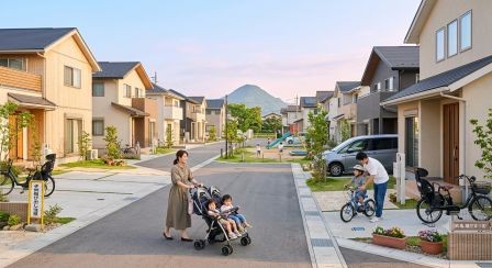 朝の自然光が入り、子育て世帯が暮らしていることが想像できる明るい街並み。