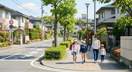 小学校へ向かう通学路のイメージ。 歩道があり、子どもが安心して歩ける住宅街の風景。