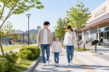 明るい街中で家族の散歩