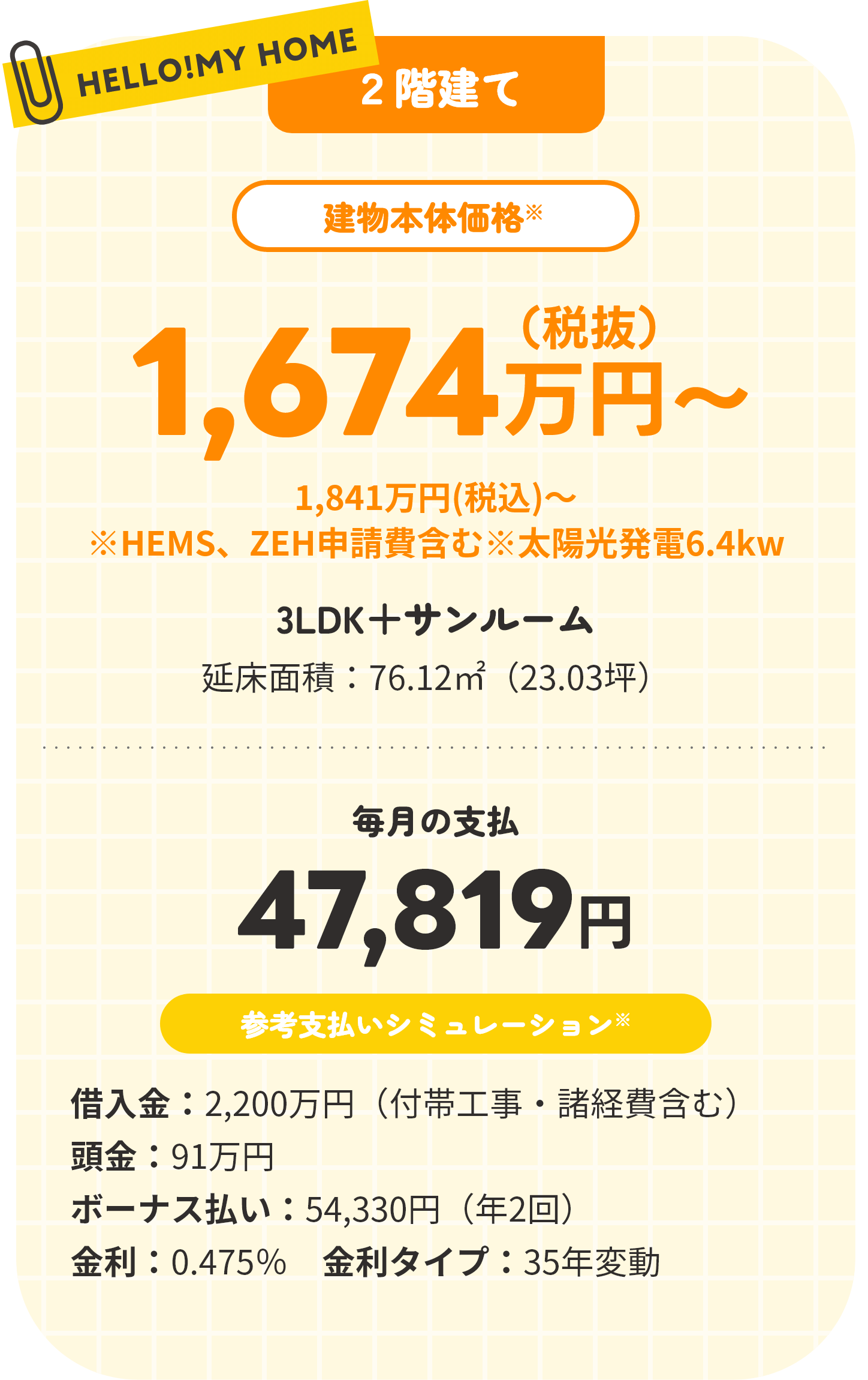 HELLO!MY HOME 2階建て 建物本体価格※ 1,674万円（税抜）1,841万円（税込）～ ※HEMS、ZEH申請費含む※太陽光発電6.4kw 3LDK+サンルーム 延床面積:76.12㎡（23.03坪） 毎月の支払47,819円 参考支払いシミュレーション※借入金：2,200万円（付帯工事・諸経費含む）　頭金:91万円　ボーナス払い:54,330円（年2回）　金利:0.475%　金利タイプ:35年変動