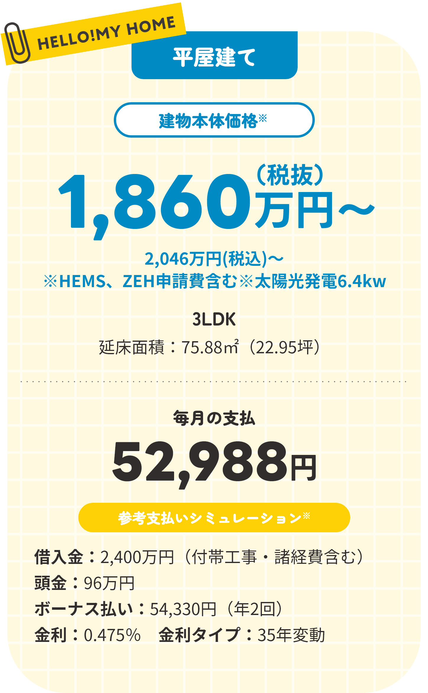 HELLO!MY HOME 平屋建て 建物本体価格※ 1,860万円（税抜）2,046万円（税込）～ ※HEMS、ZEH申請費含む※太陽光発電6.4kw 3LDK 延床面積:75.88㎡（22.95坪） 毎月の支払52,988円 参考支払いシミュレーション※借入金：2,400万円（付帯工事・諸経費含む）　頭金:96万円　ボーナス払い:54,330円（年2回）　金利:0.475%　金利タイプ:35年変動