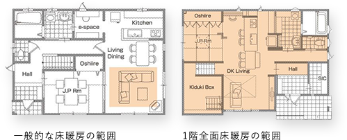 一般的な床暖房の範囲 1階全面床暖房の範囲