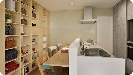 両面から使える家族ロッカーとスタディコーナー