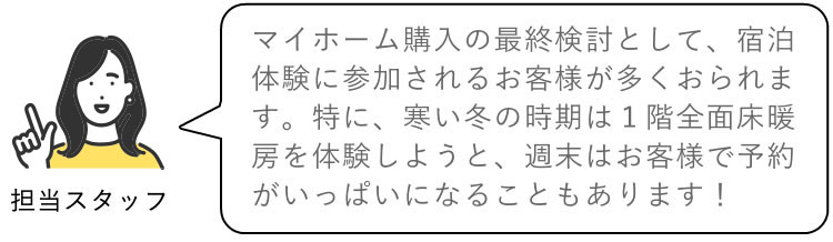 お家購入の最終検討として、宿泊体験に参加されるお客様が多くおられます。特に、寒い冬の時期は１階全面床暖房を体験しようと、週末はお客様で予約がいっぱいになることもあります！