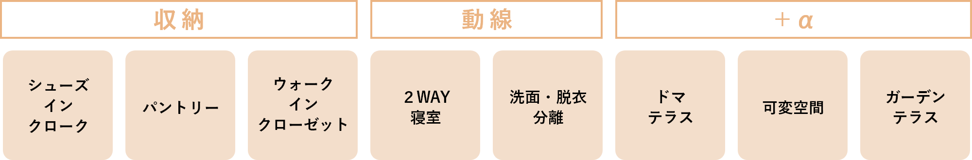 収納「シューズインクローゼット」「パントリー」「ウォークインクローゼット」　動線「２WAY寝室」「洗面・脱衣
                            分離」　+α「ドマテラス」「可変空間」「ガーデンテラス」