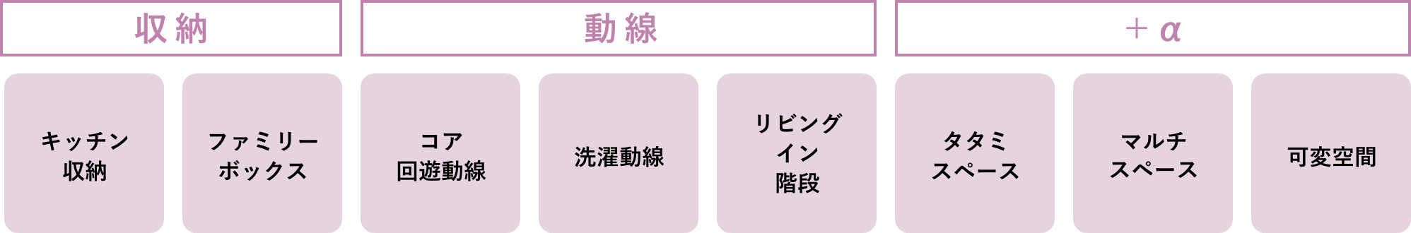 収納「キッチン収納」「ファミリーボックス」　動線「コア回遊動線」「洗濯動線」「リビングイン階段」　+α「タタミスペース」「マルチスペース」「可変空間」