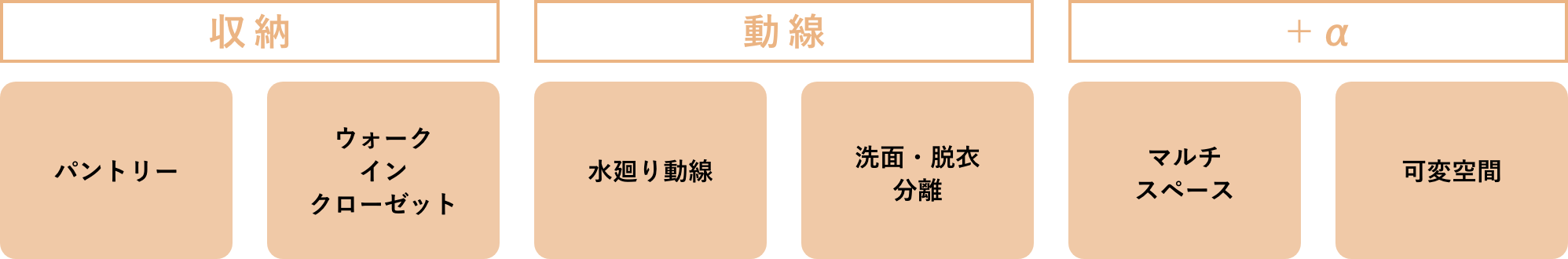 収納「パントリー」「ウォークインクローゼット」　動線「水廻り動線」「洗面・脱衣分離」　+α「マルチスペース」「可変空間」
