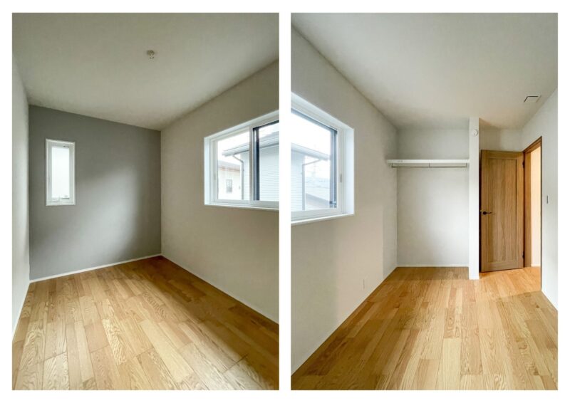 ライトグレーのアクセントクロスを取り入れた、落ち着きのある洋室