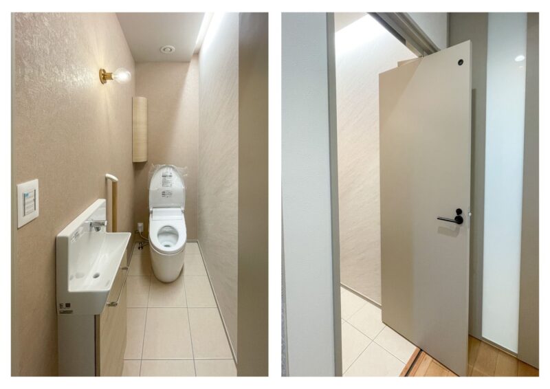 やさしい色味でまとめた上品な1Fトイレとスライディングドア