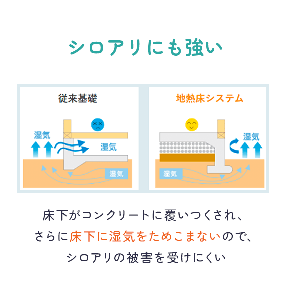 シロアリにも強い 床下がコンクリートに覆いつくされ、さらに床下に湿気をためこまないので、シロアリの被害を受けにくい