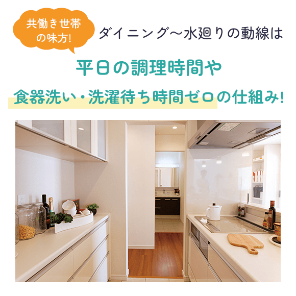 ダイニング〜水廻りの動線は 平日の調理時間や食器洗い・洗濯待ち時間ゼロの仕組み!